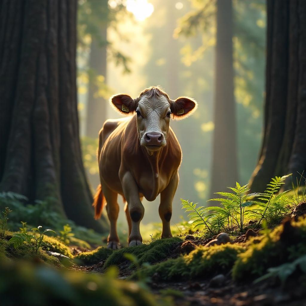 Photorealistic Cow in a Majestic Redwood Forest