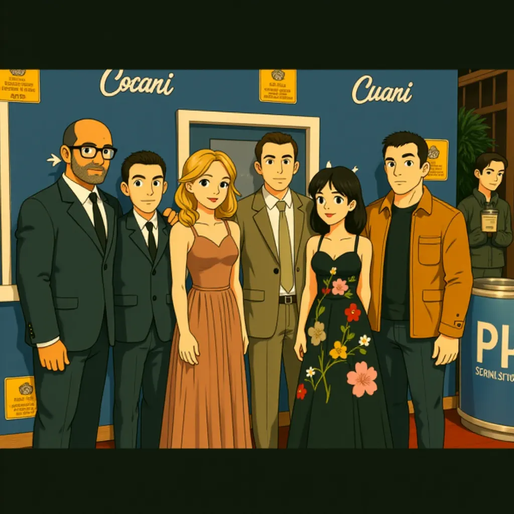 Leslie Bibb, Sam Rockwell, Nicholas Hoult, Cedric Yarbrough, Gabriel Basso, and Zoey Deutch at an event for Juror #2 (2024) - Anime style