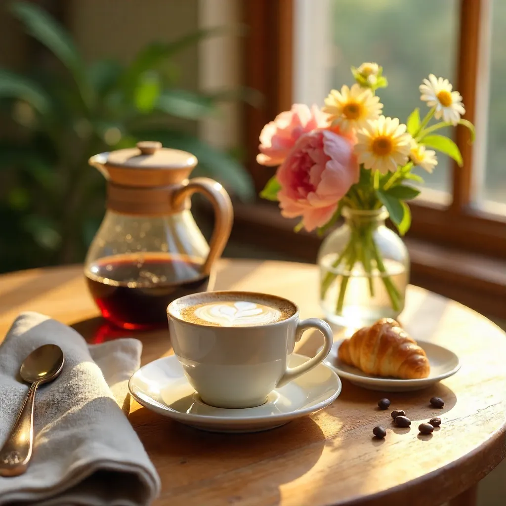 Sunlit Morning Coffee with Floral Table Setup