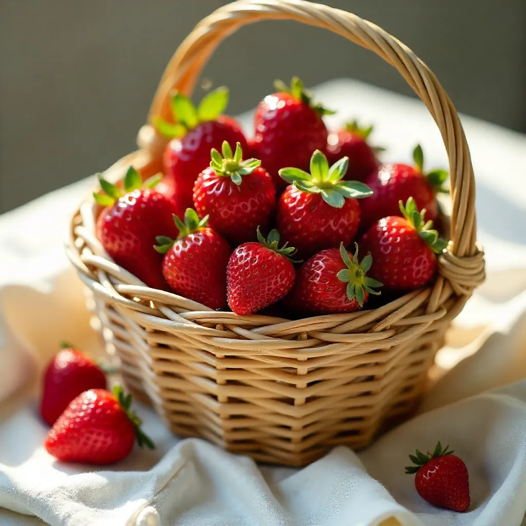 Sunlit Wicker Basket of Strawberries on White Blanket