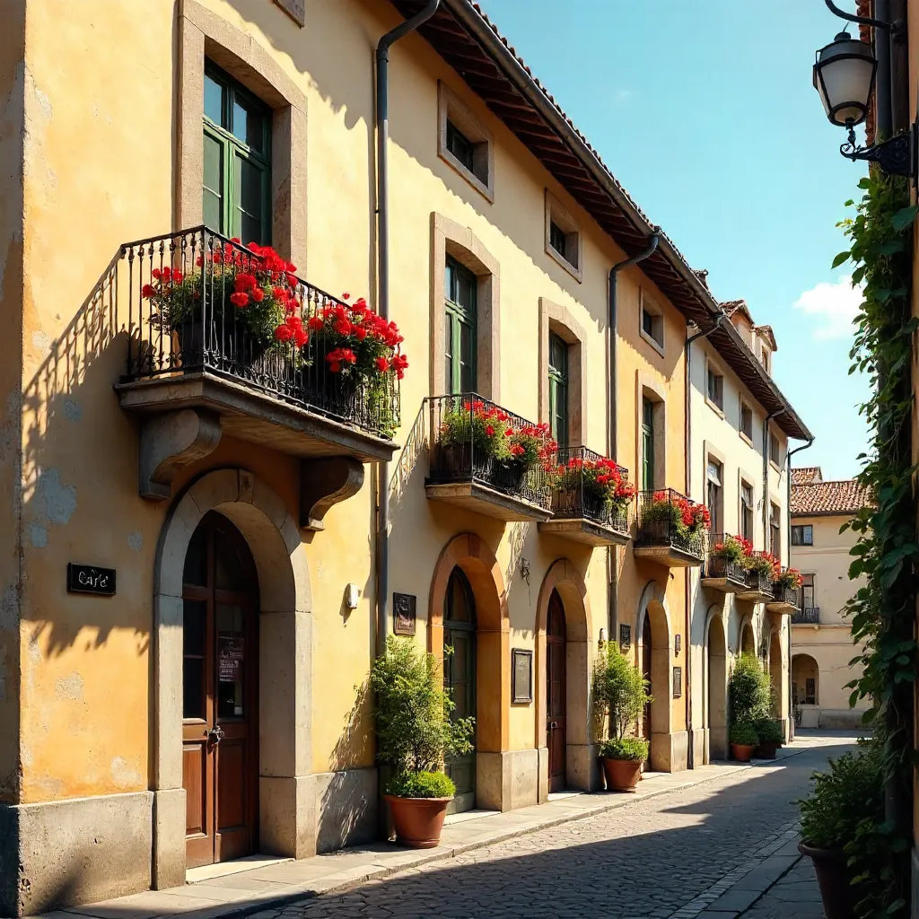 Sunlit European Facade with Flowered Balconies