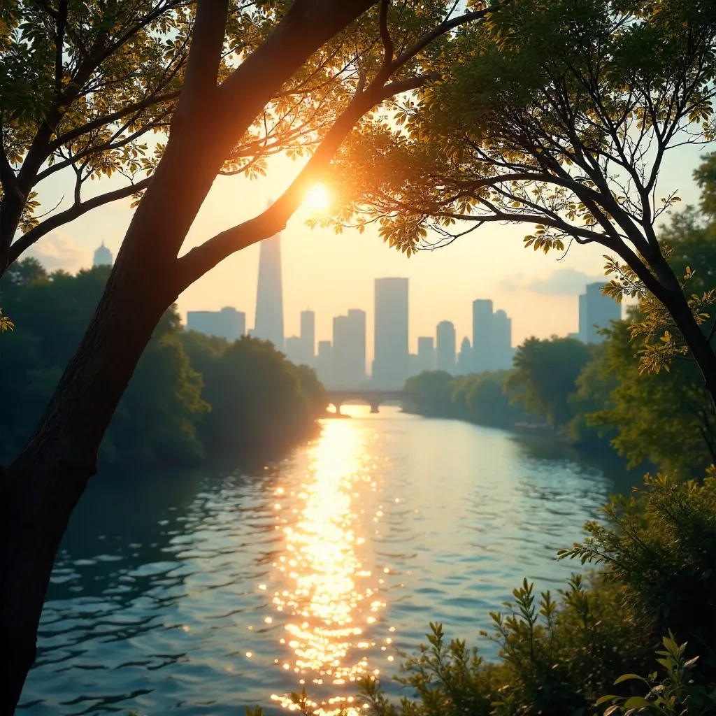 Urban Skyline Through Leafy Frames at Golden Hour