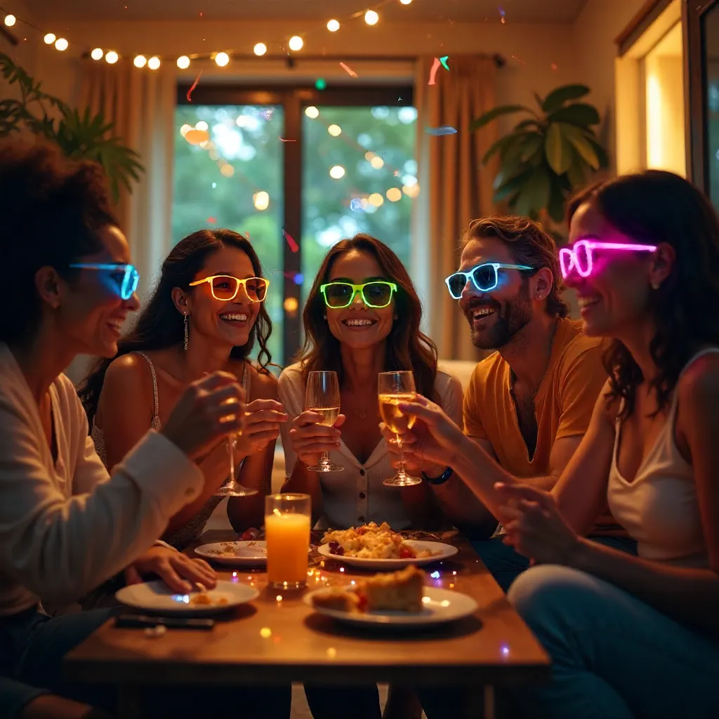 Vibrant Indoor Party: Friends in Colorful Glasses Celebrating