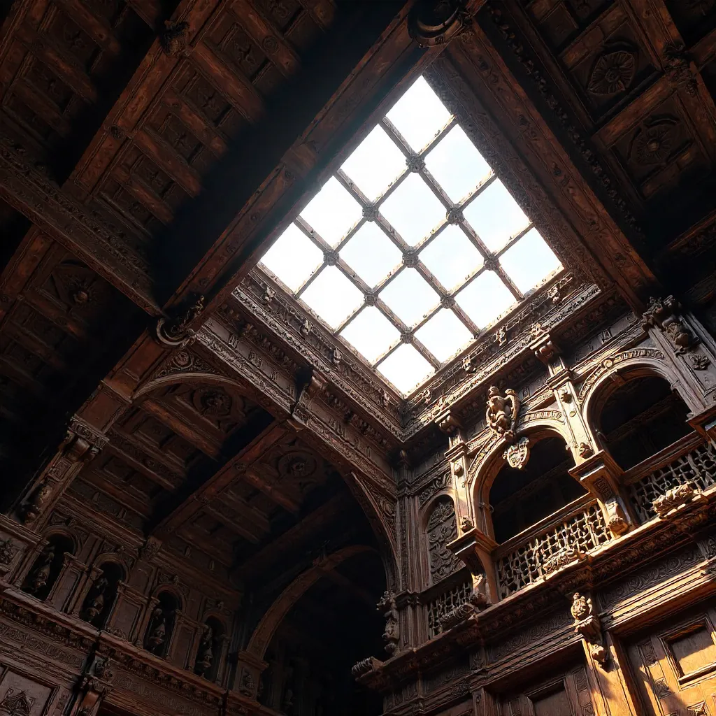 Ornate Carved Wood Ceiling with Glass Skylight