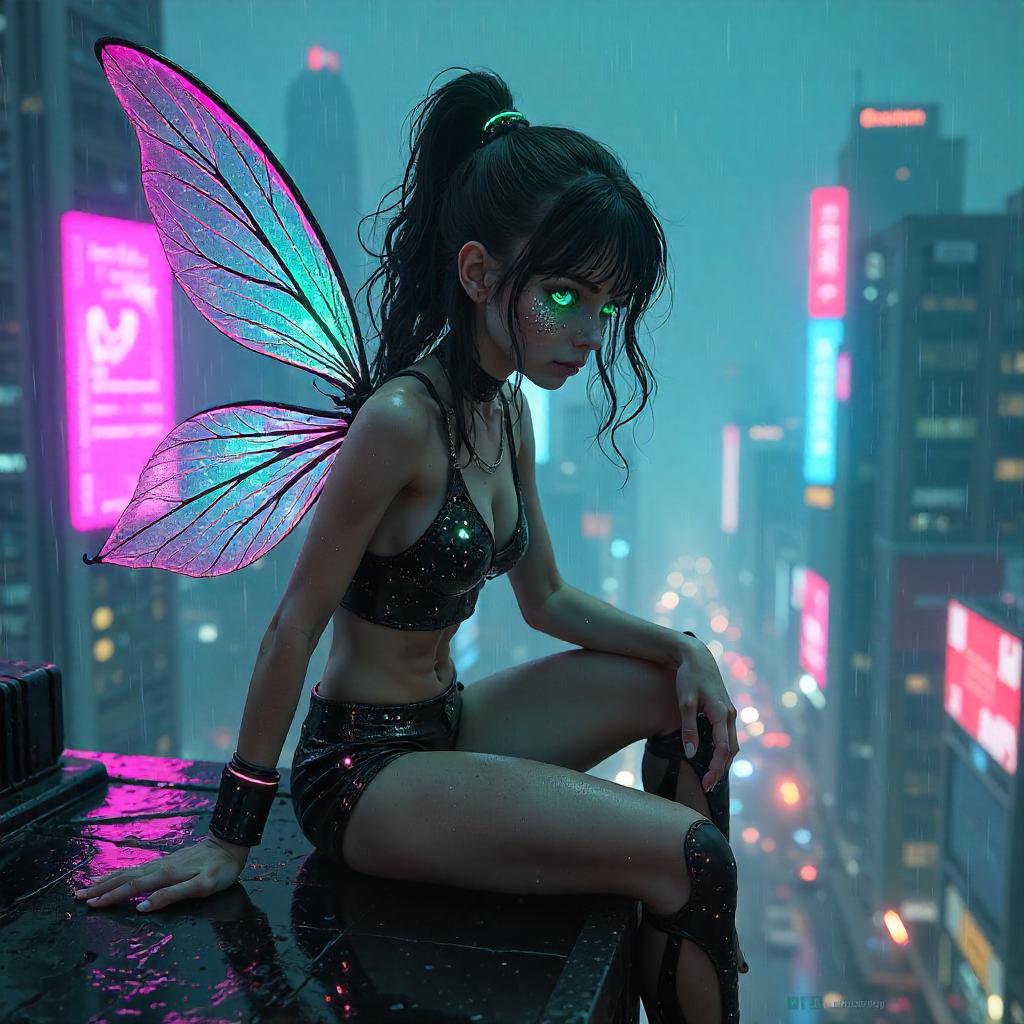 Neon Rooftop Pixie in Cyberpunk Night