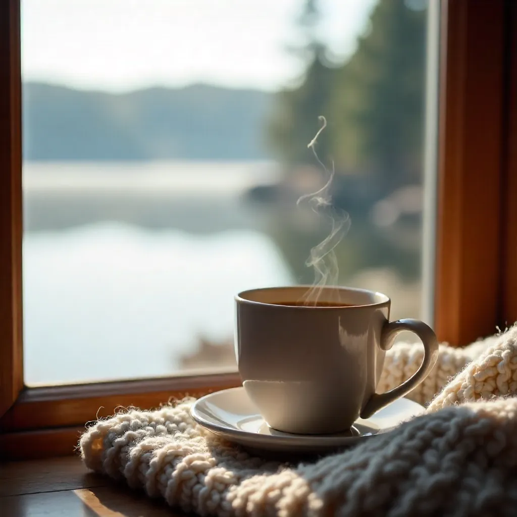 Cozy Coffee and Lake View Through Window