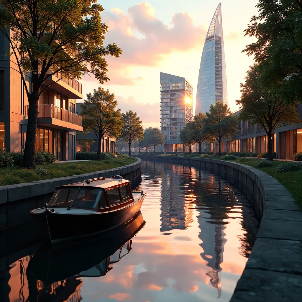 Tranquil London Canal: Moored Boat & Modern Reflections