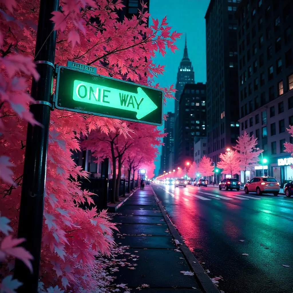 Infrared NYC Foliage and One-Way Sign