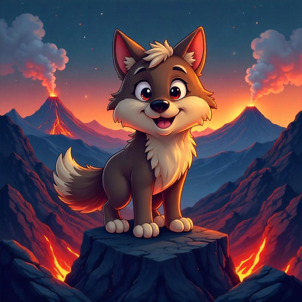 Playful Cartoon Wolf on Volcanic Rocks