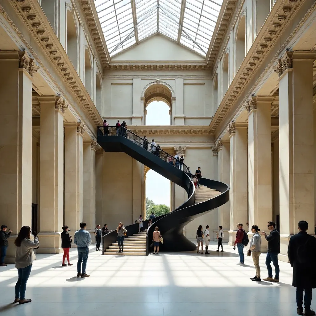 Visitors Exploring a Modern Spiral Staircase at the Louvre