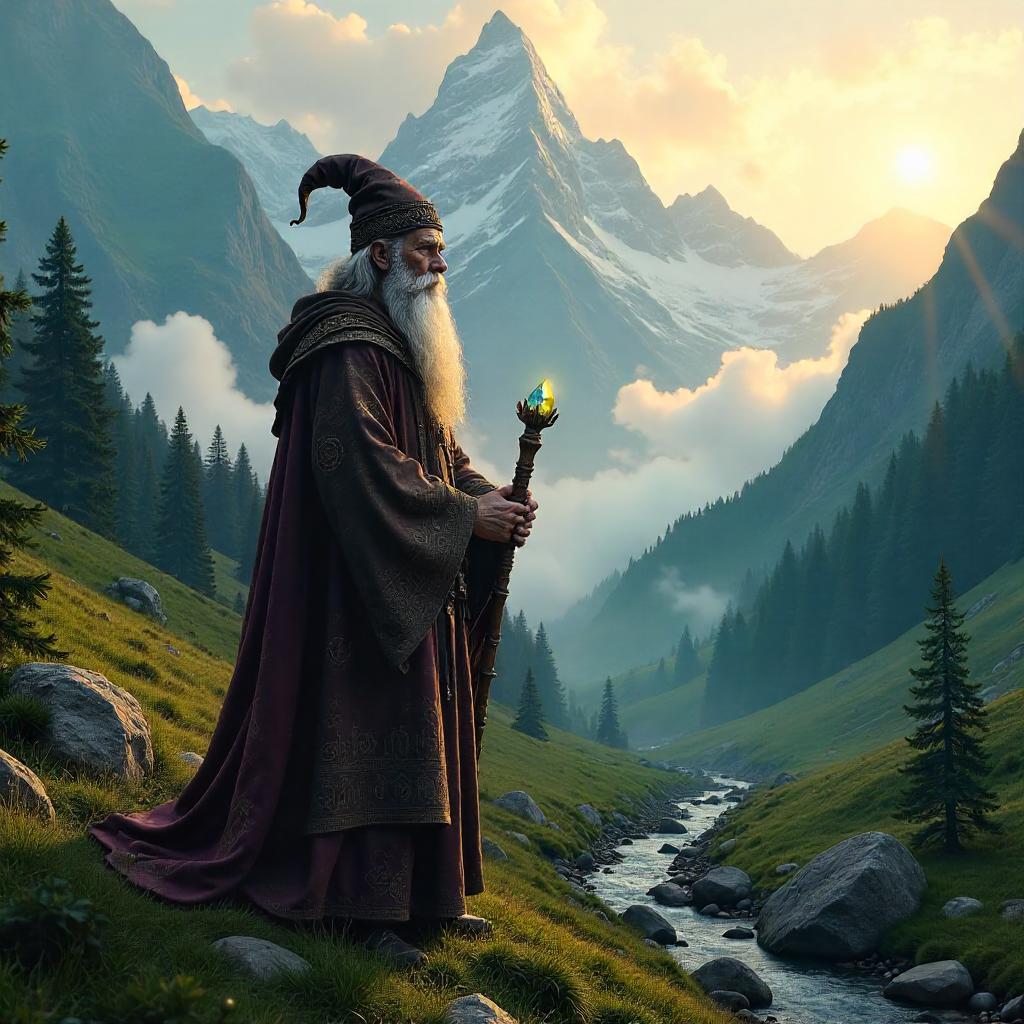 Photorealistic Wizard in a Mountain Valley