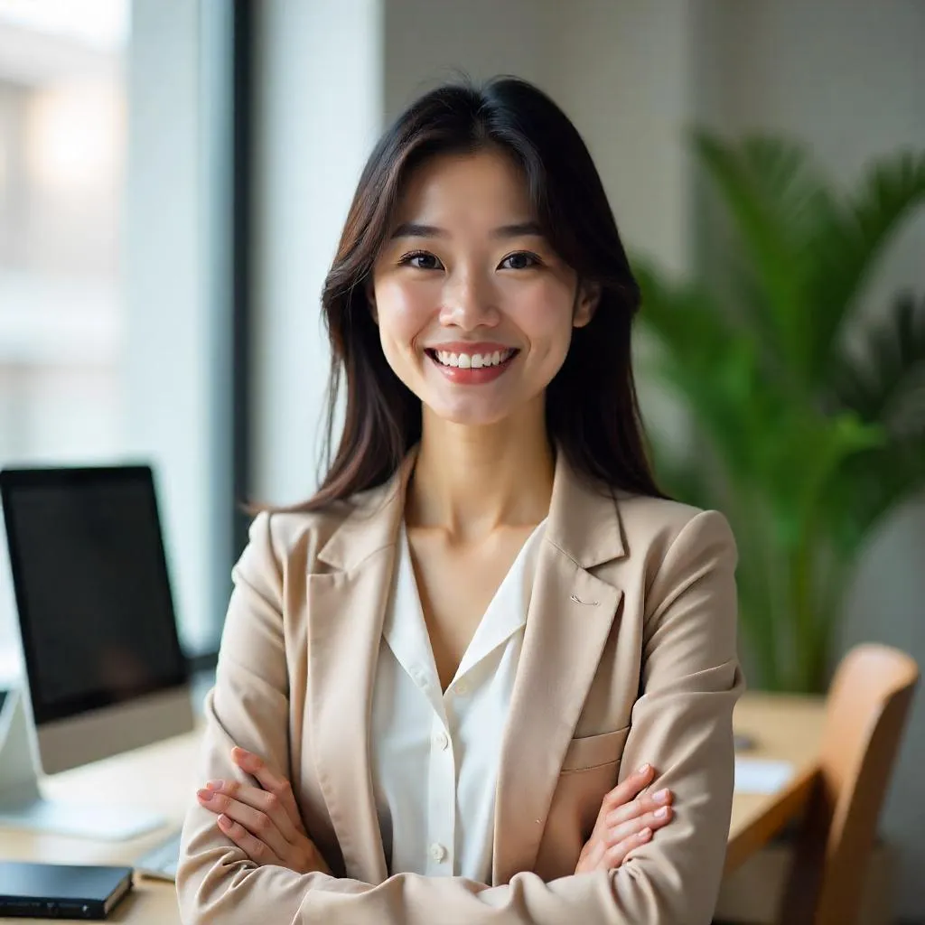 Cheerful Asian Woman in a Modern Office