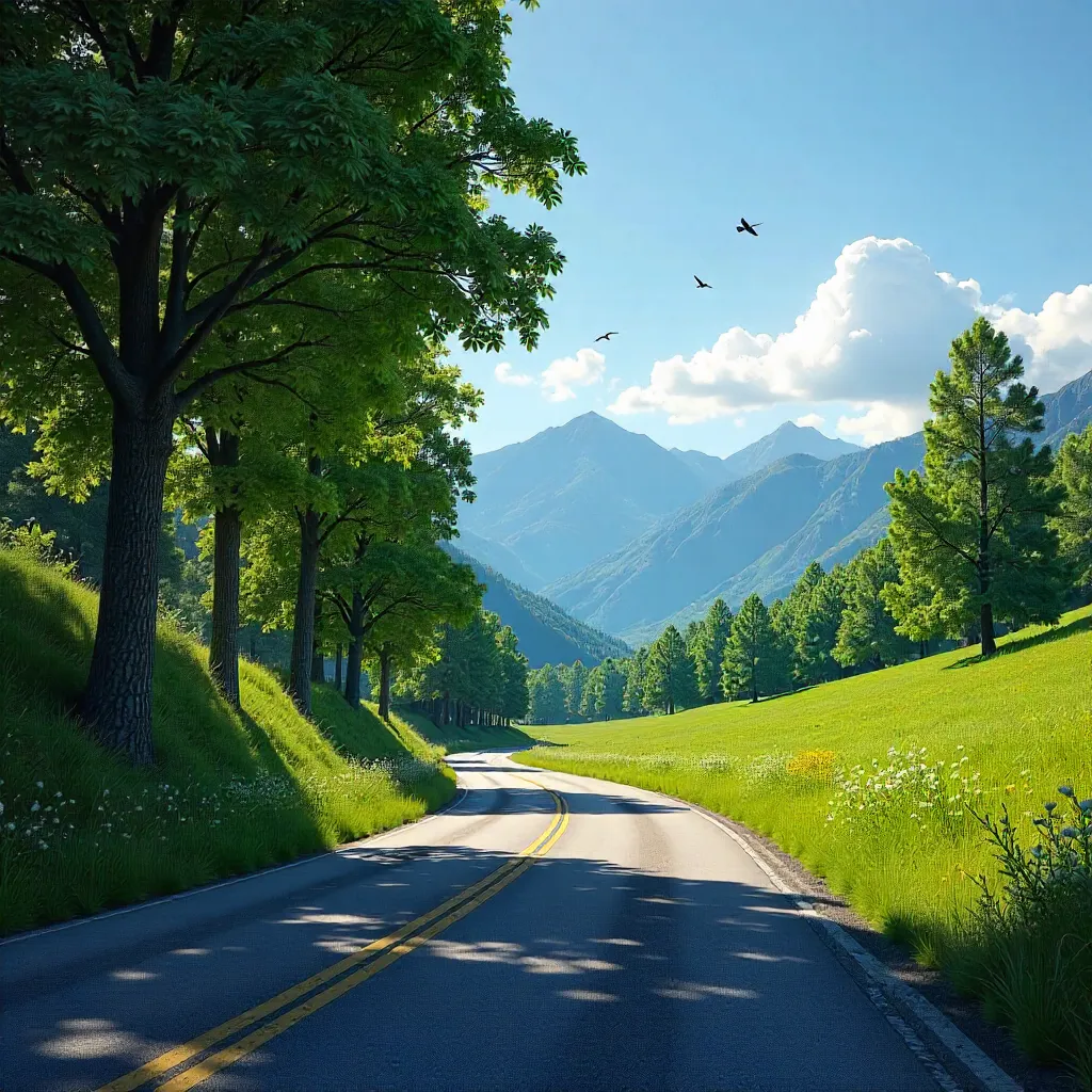 Tranquil Road Through Green Forests to Distant Mountains