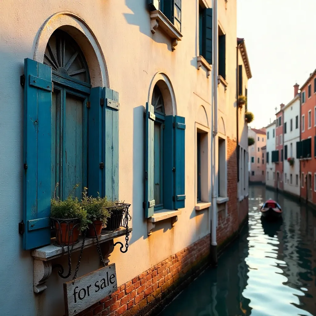 Blue Shuttered Venice Facade with For Sale Sign