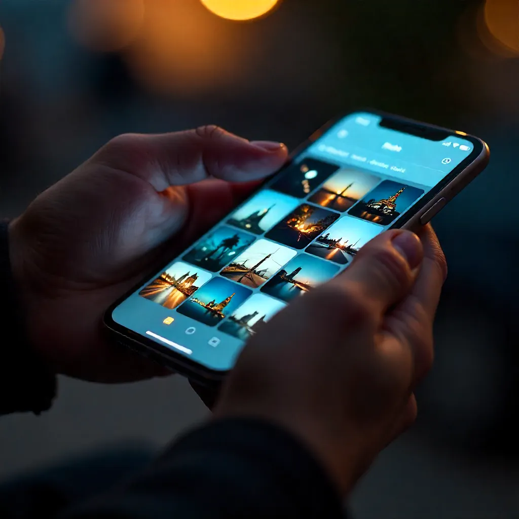 Close-up of hands using a smartphone to browse a gallery