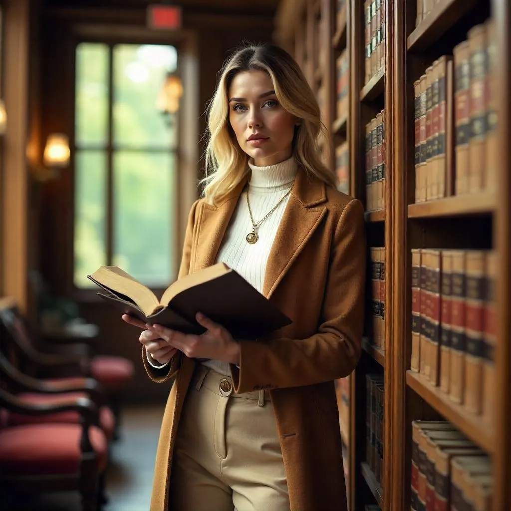 Stylish White Woman in a Photorealistic Library Portrait