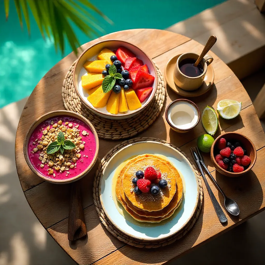 Tulum Morning Flat Lay: Breakfast Bowls & Pancakes
