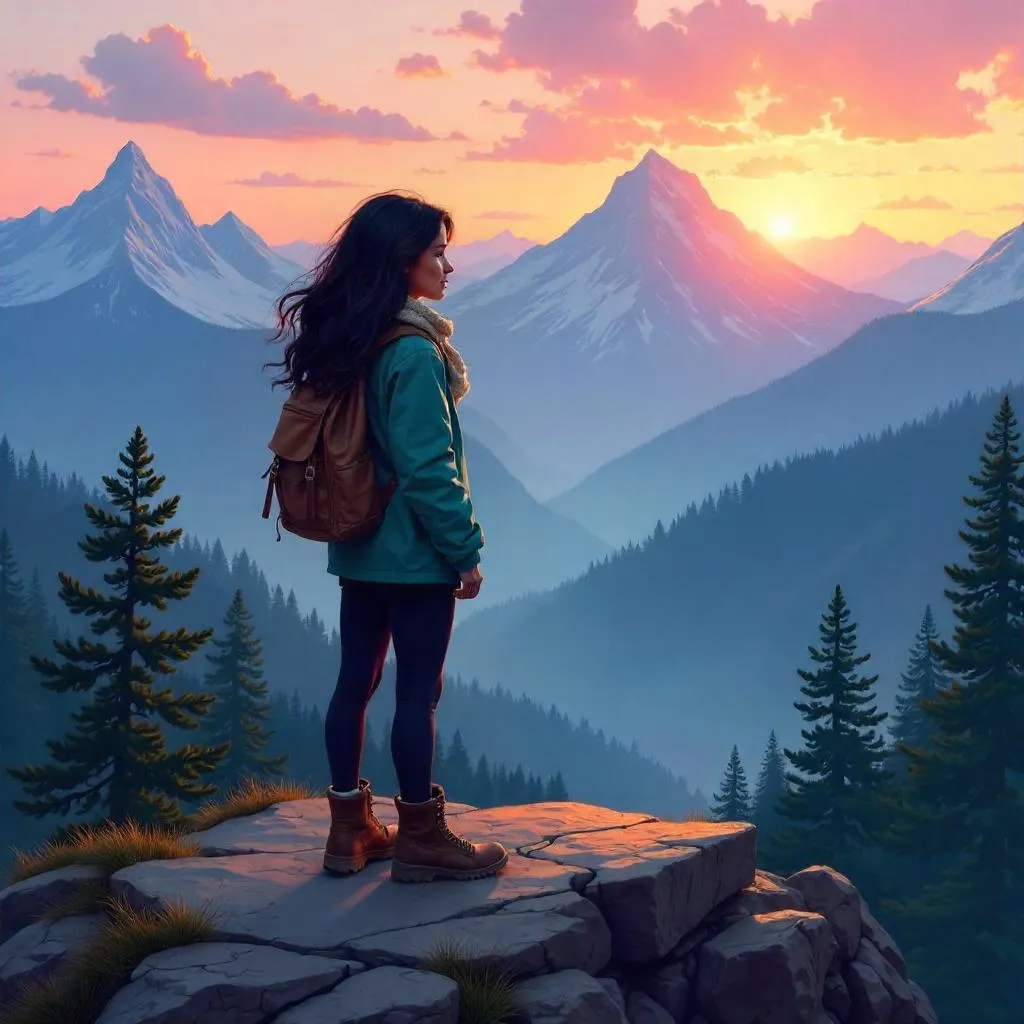 Latina Woman in the Mountain Dawn - Digital Art