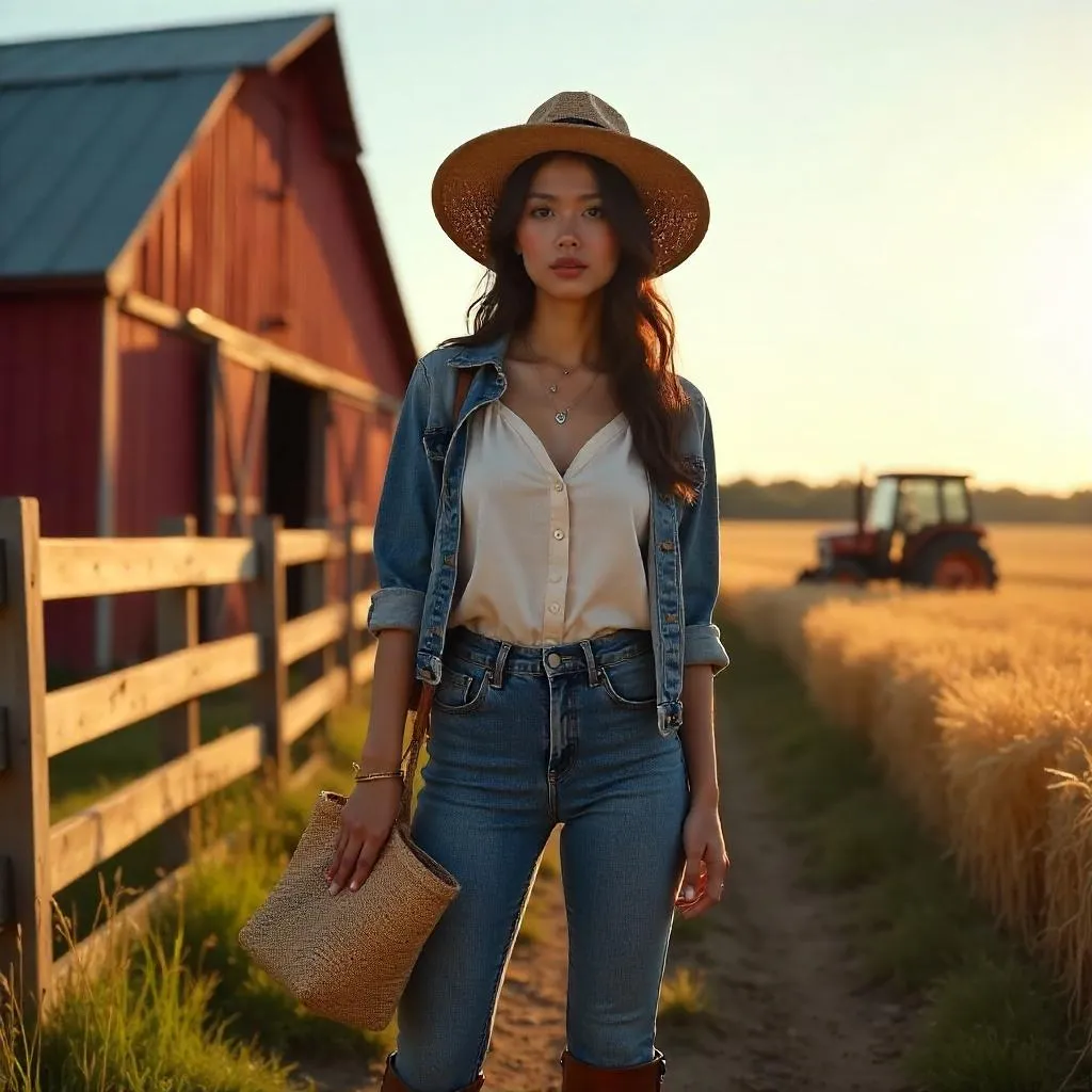 Photorealistic Farm Portrait of a Stylish Asian Woman