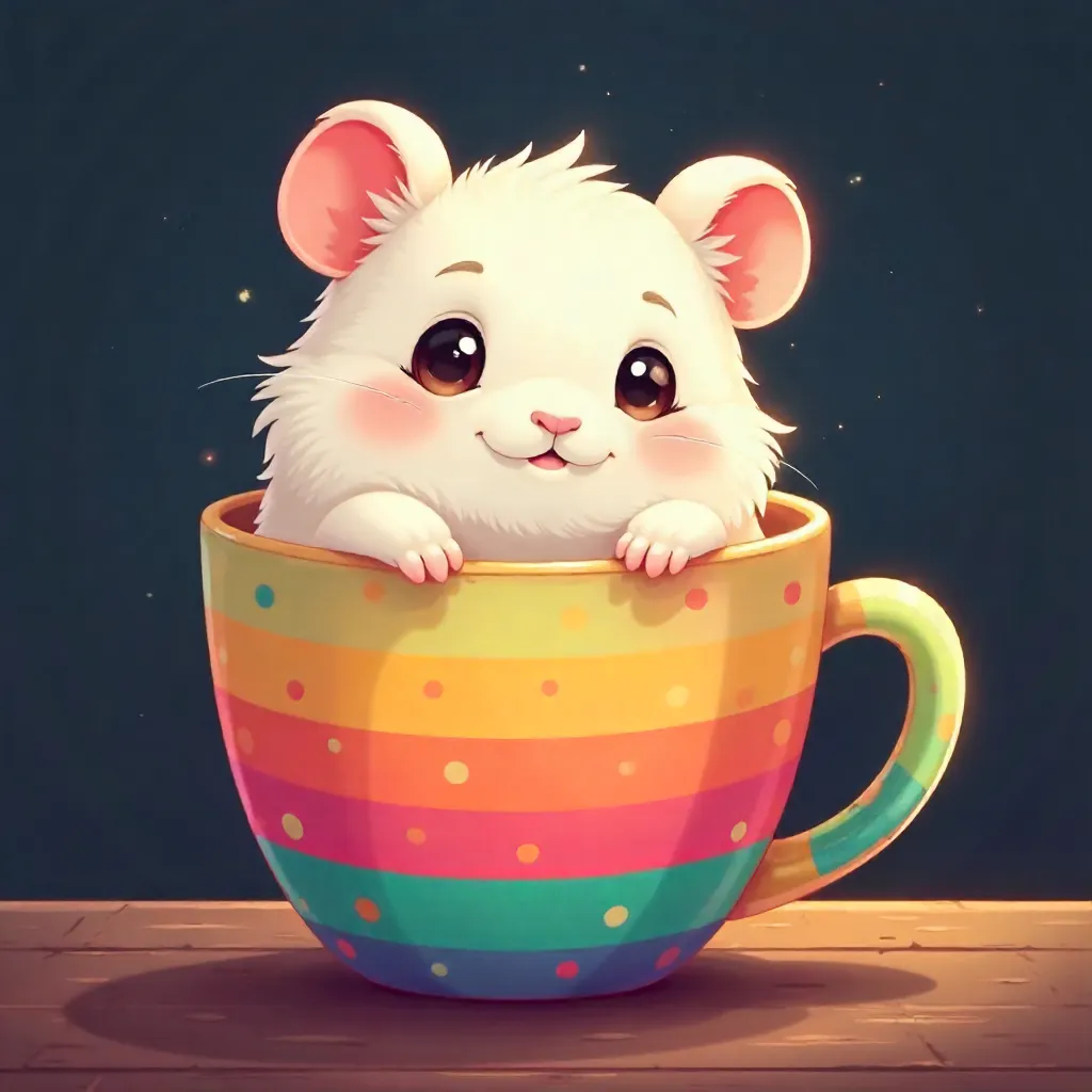 White Hamster Peeking from a Colorful Cartoon Mug