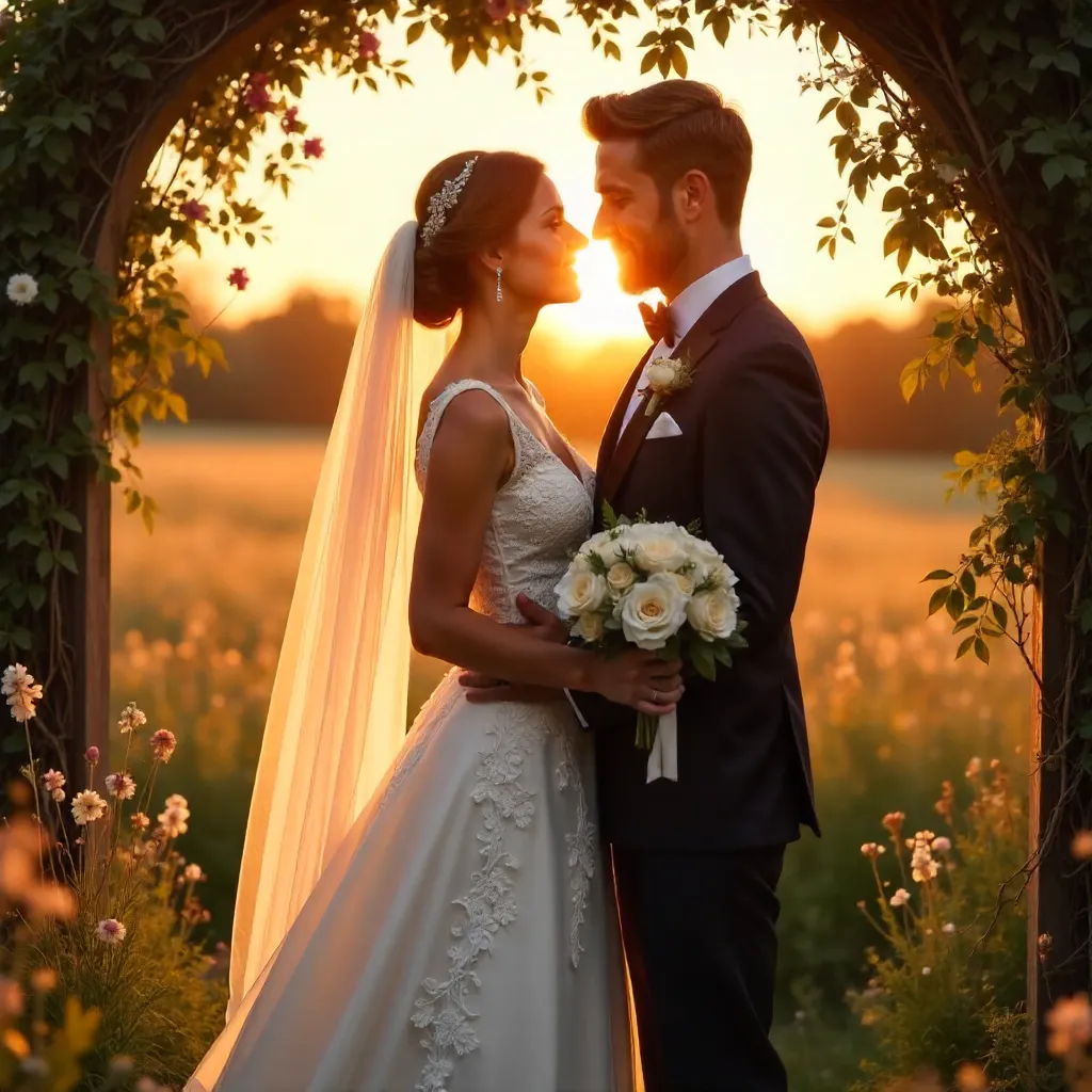 Golden Hour Portrait: Romantic Outdoor Wedding Couple