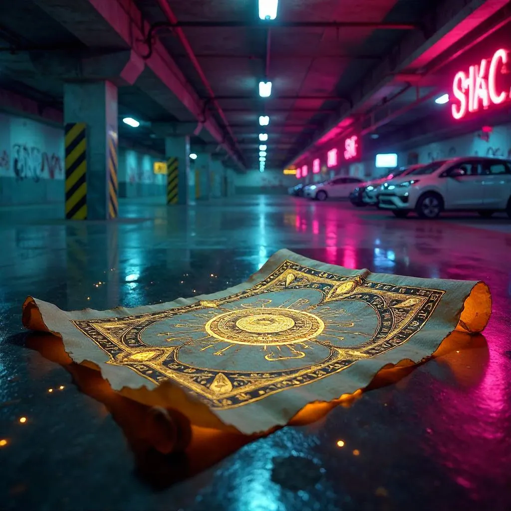 Ancient Scroll in a Neon Parking Garage