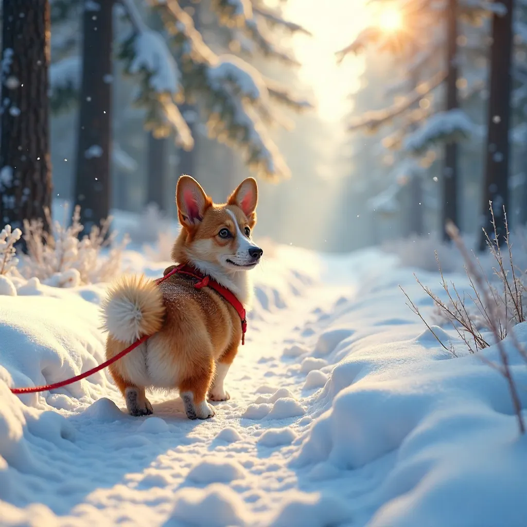 Adorable Corgi on a Snowy Forest Path