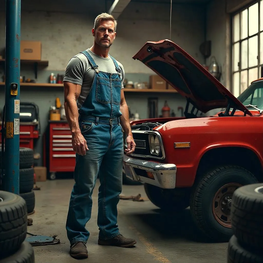 Strong White Mechanic in a Photorealistic Shop