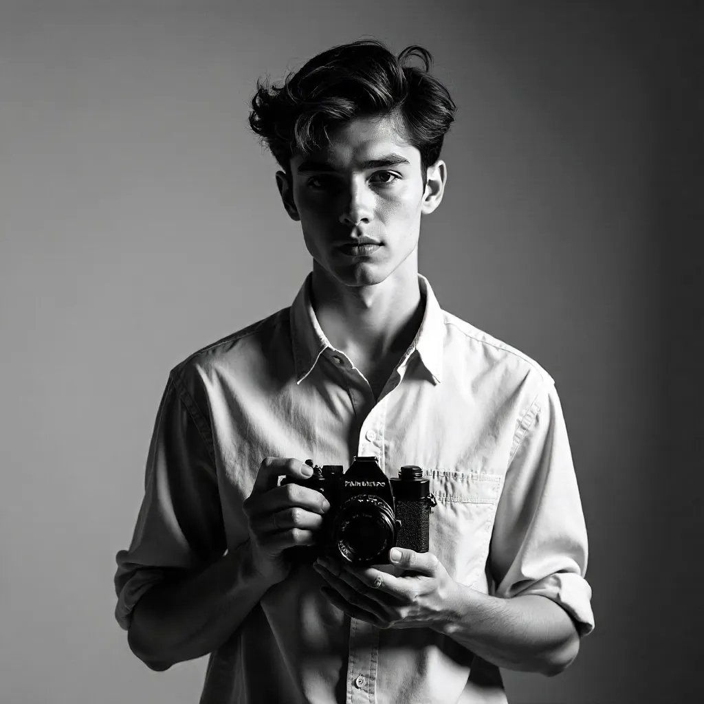 Timeless Black-and-White Portrait with Vintage Camera