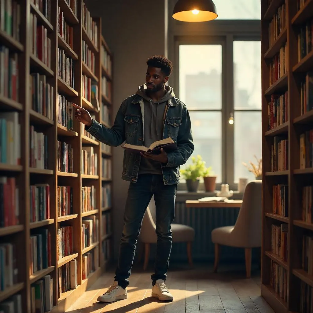 Photorealistic Young Black Man in a Bookstore