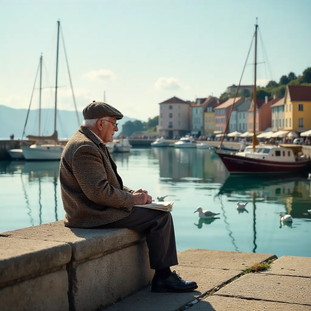 Elderly Man Sits by Nuova Aquitania Harbor