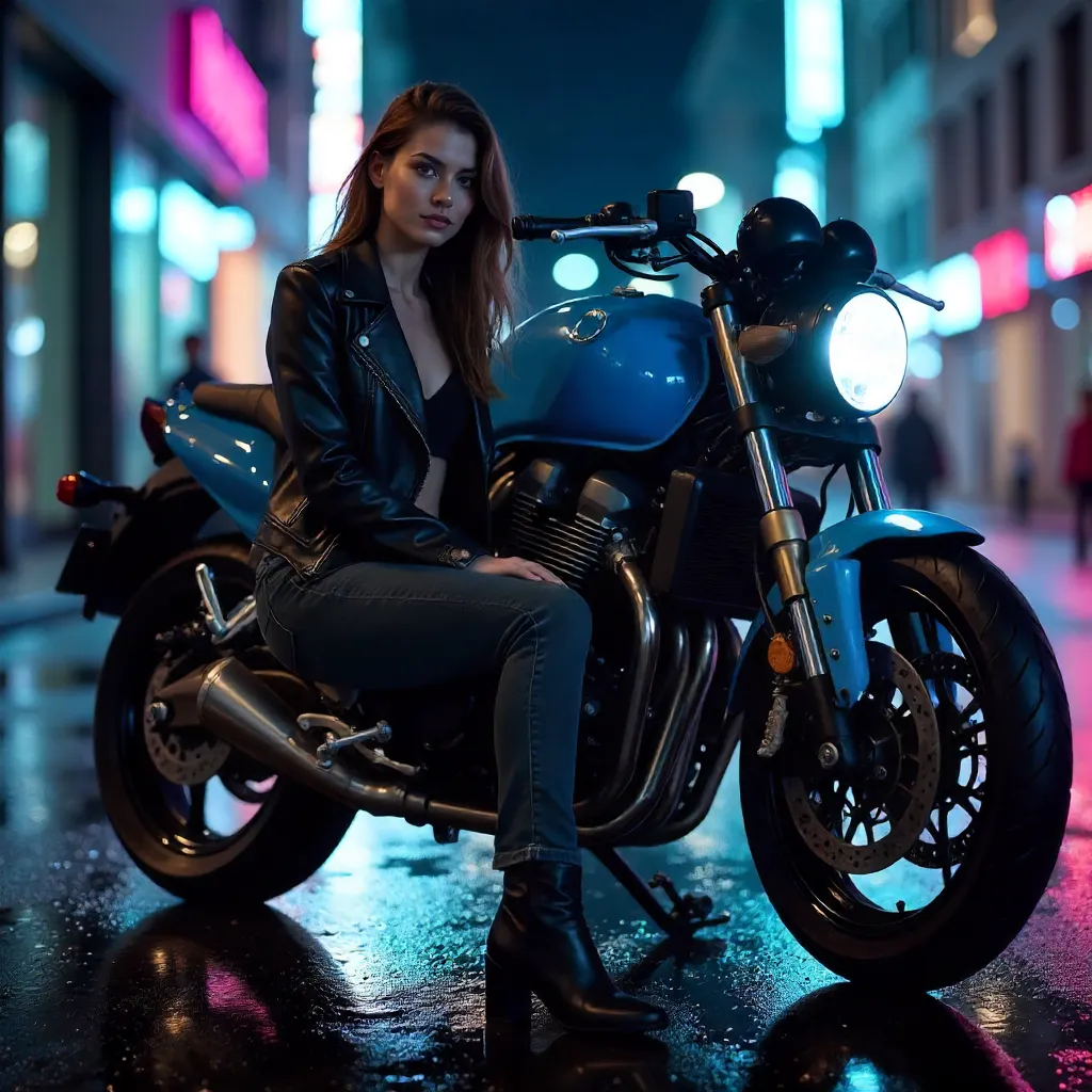 Night Chic: Woman by a Blue Motorcycle