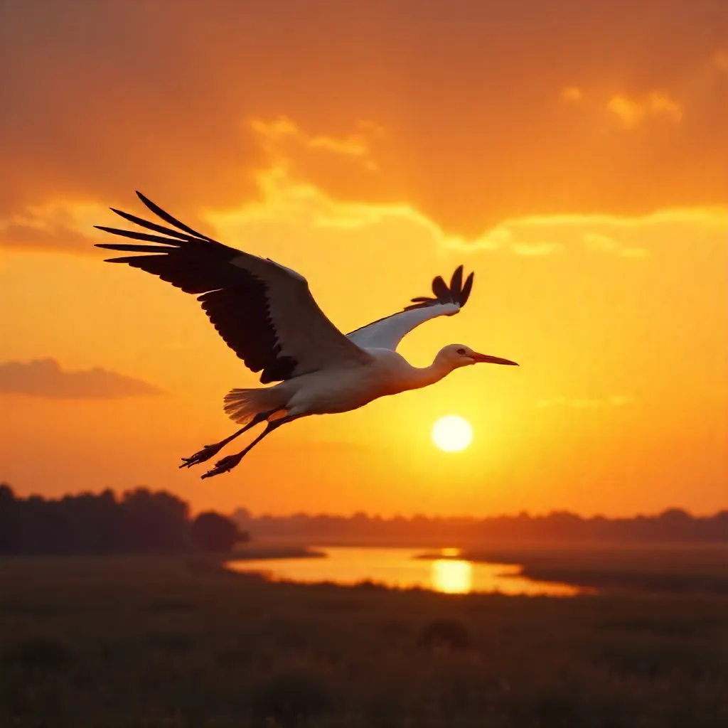 Lone Stork Across an Orange Sunset Sky