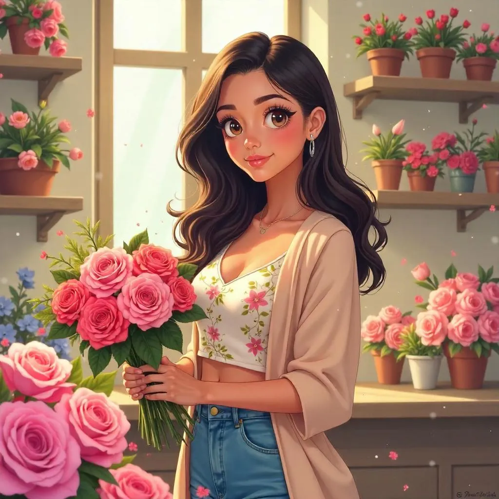 Latina Anime Girl in a Blooming Flower Shop