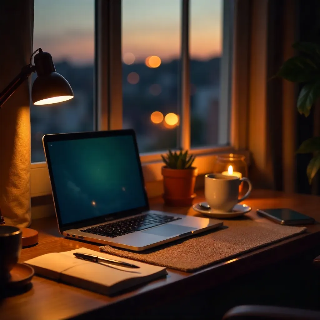 Cozy Warm Evening Desk Setup with Laptop and Candle