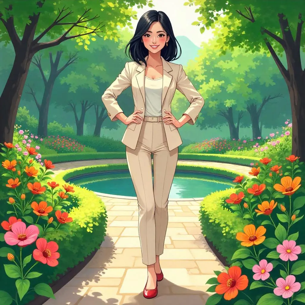 Confident Asian Woman in a Lush Garden - Cartoon Style