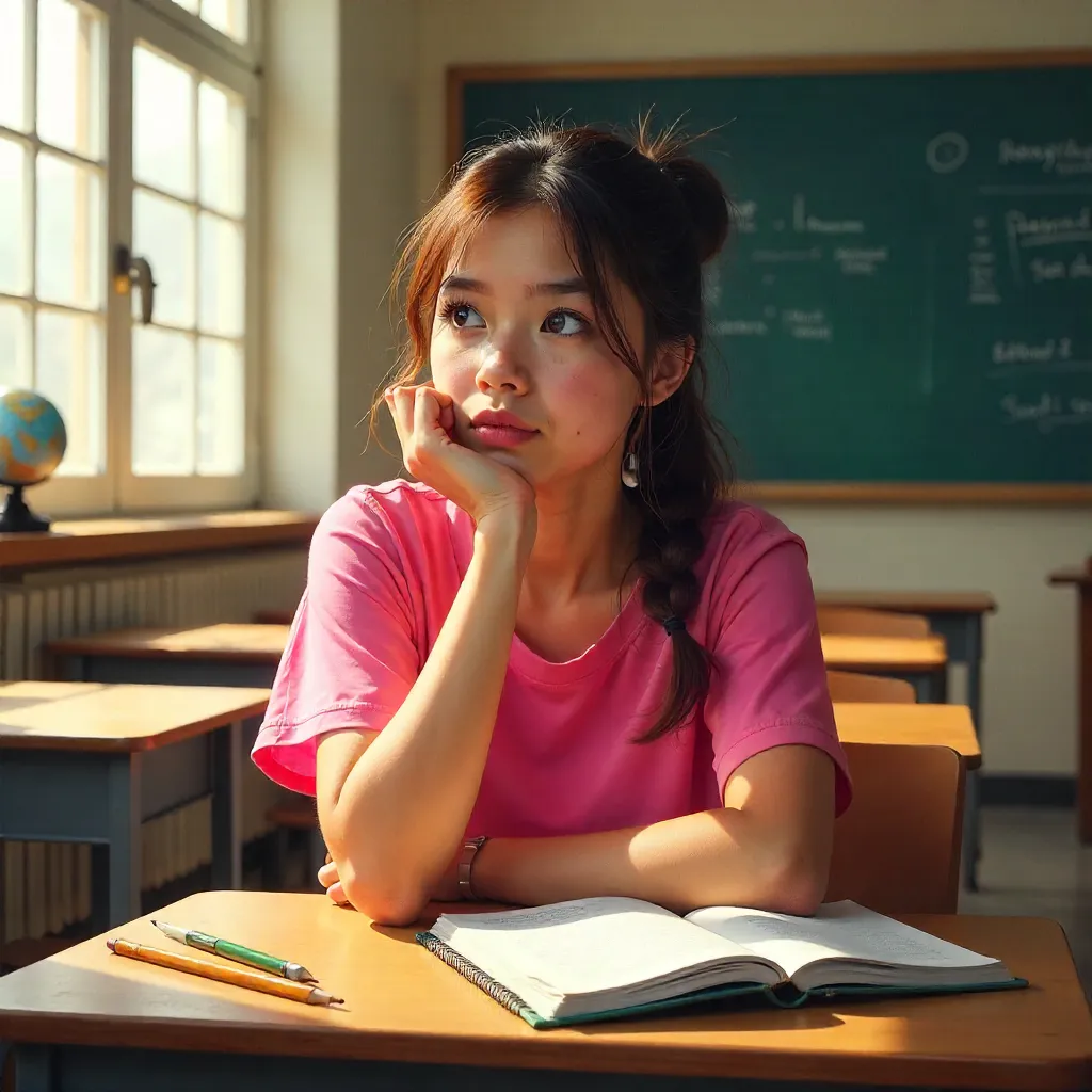Pensive Teen in a Pink Shirt Reflecting in Class
