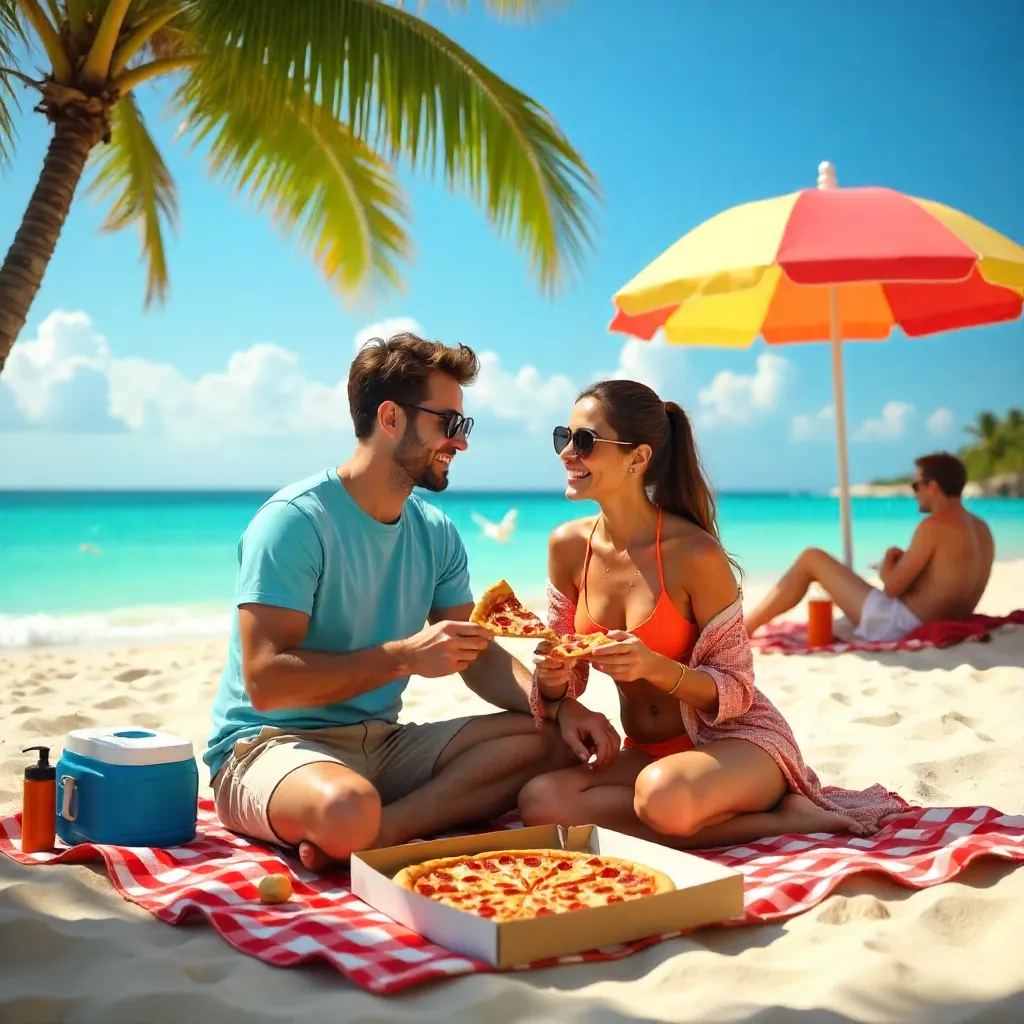 Sunny Beach Pizza Picnic for a Young Couple