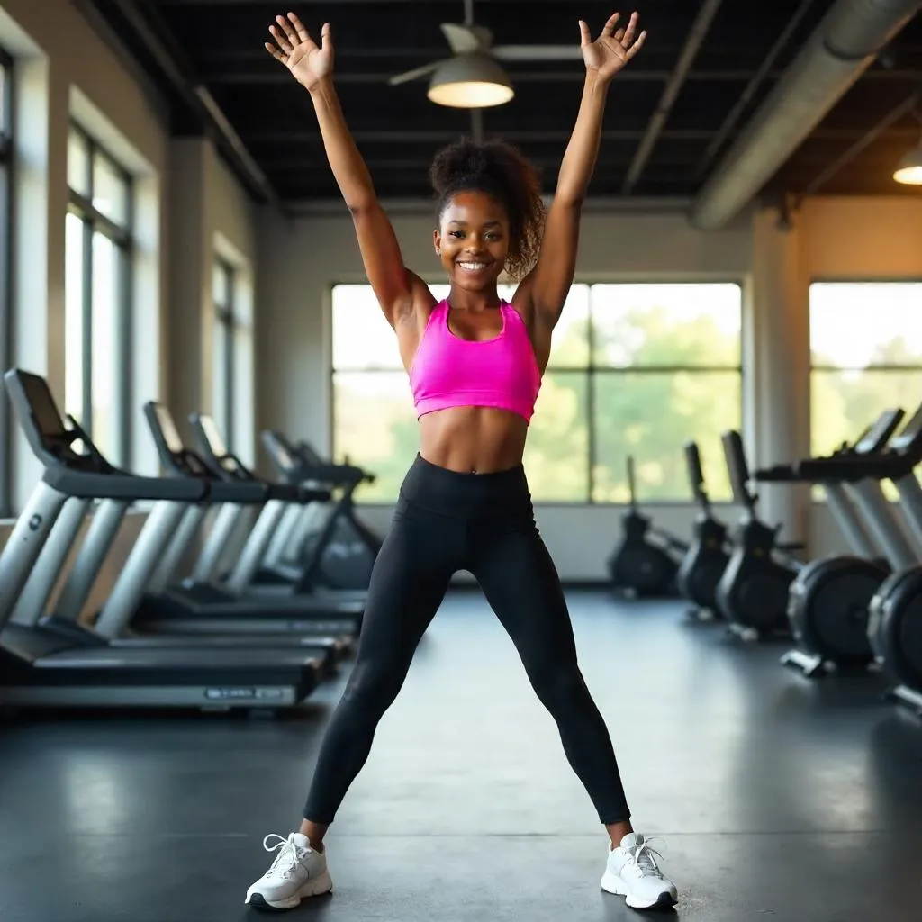Cheerful Black girl in a bright gym, photorealistic