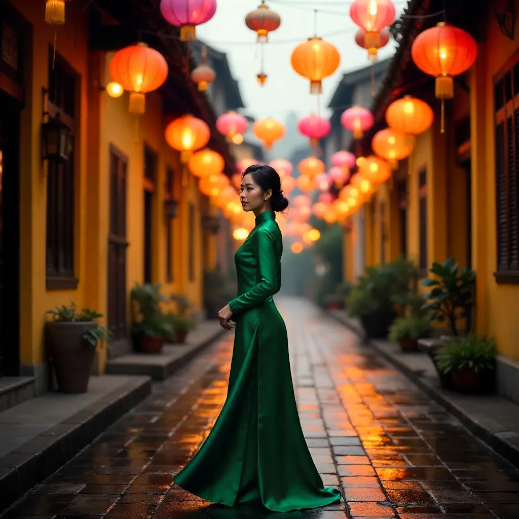 Green Ao Dai by Colorful Lanterns in Hoi An
