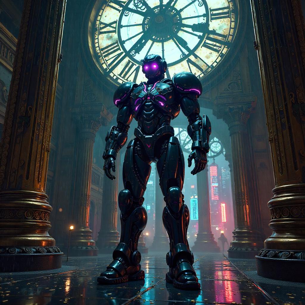 Cyberpunk Mech in a Giant Clock Tower