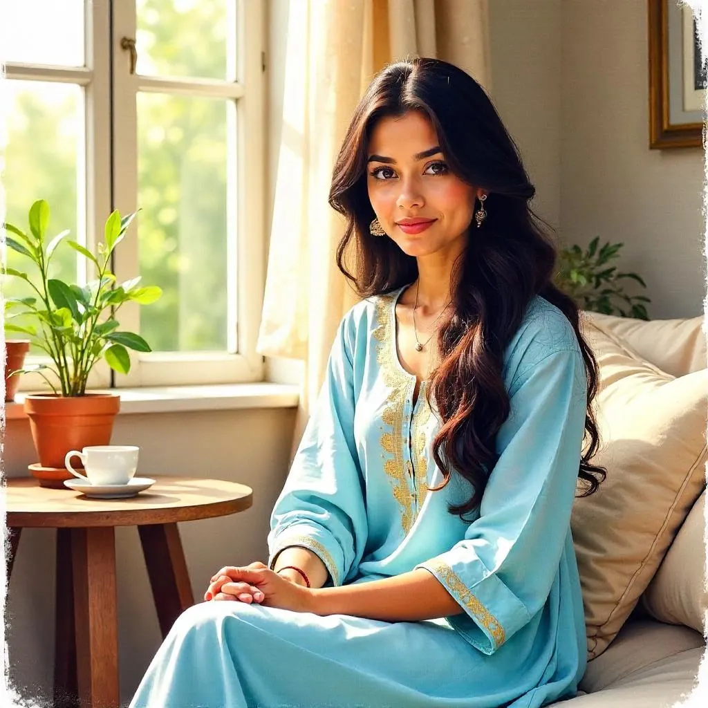 Soft Watercolor Portrait of a Beautiful Indian Woman at Home