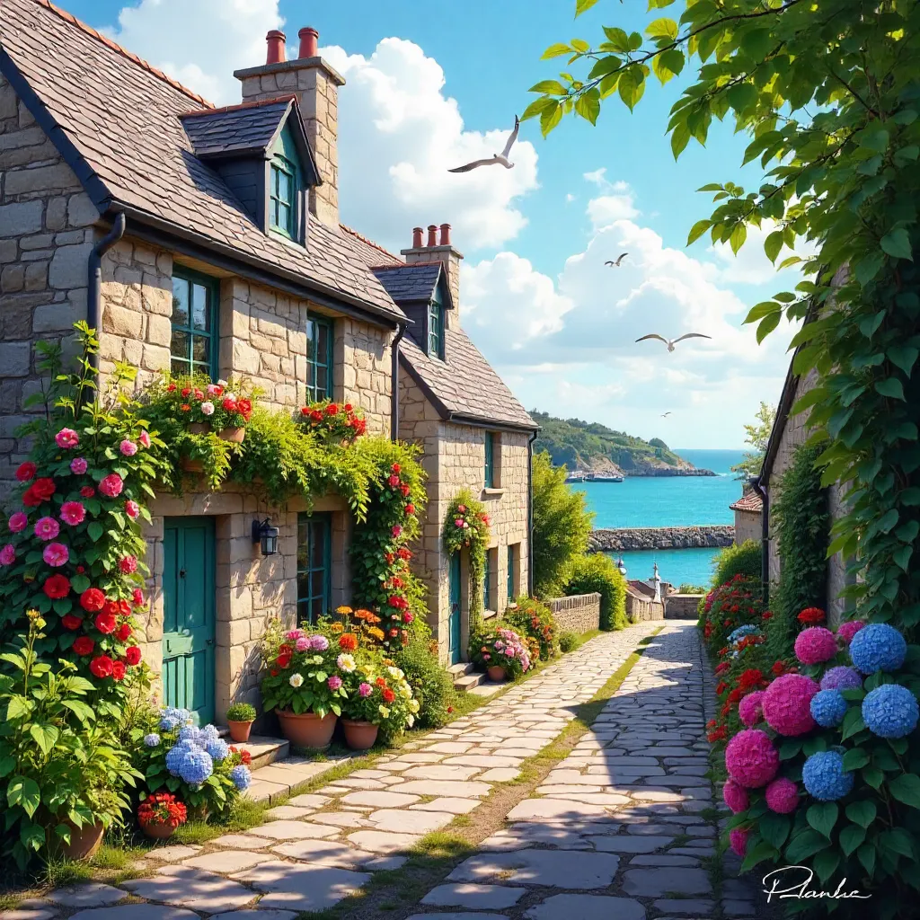 Stone Houses with Hollyhocks and Hydrangeas on Hoëdic