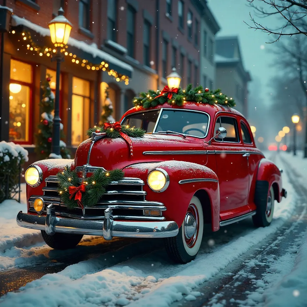 Classic Red Car Wrapped in Holiday Greens