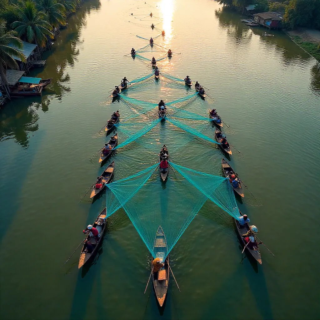 Aerial Bengal Fishermen with Blue Nets