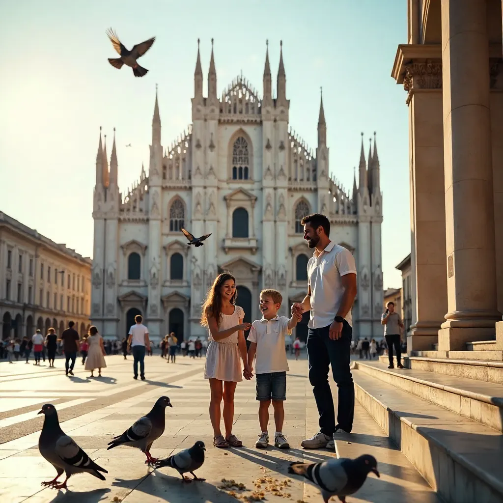 Family Feeding Pigeons in Milan's Piazza del Duomo