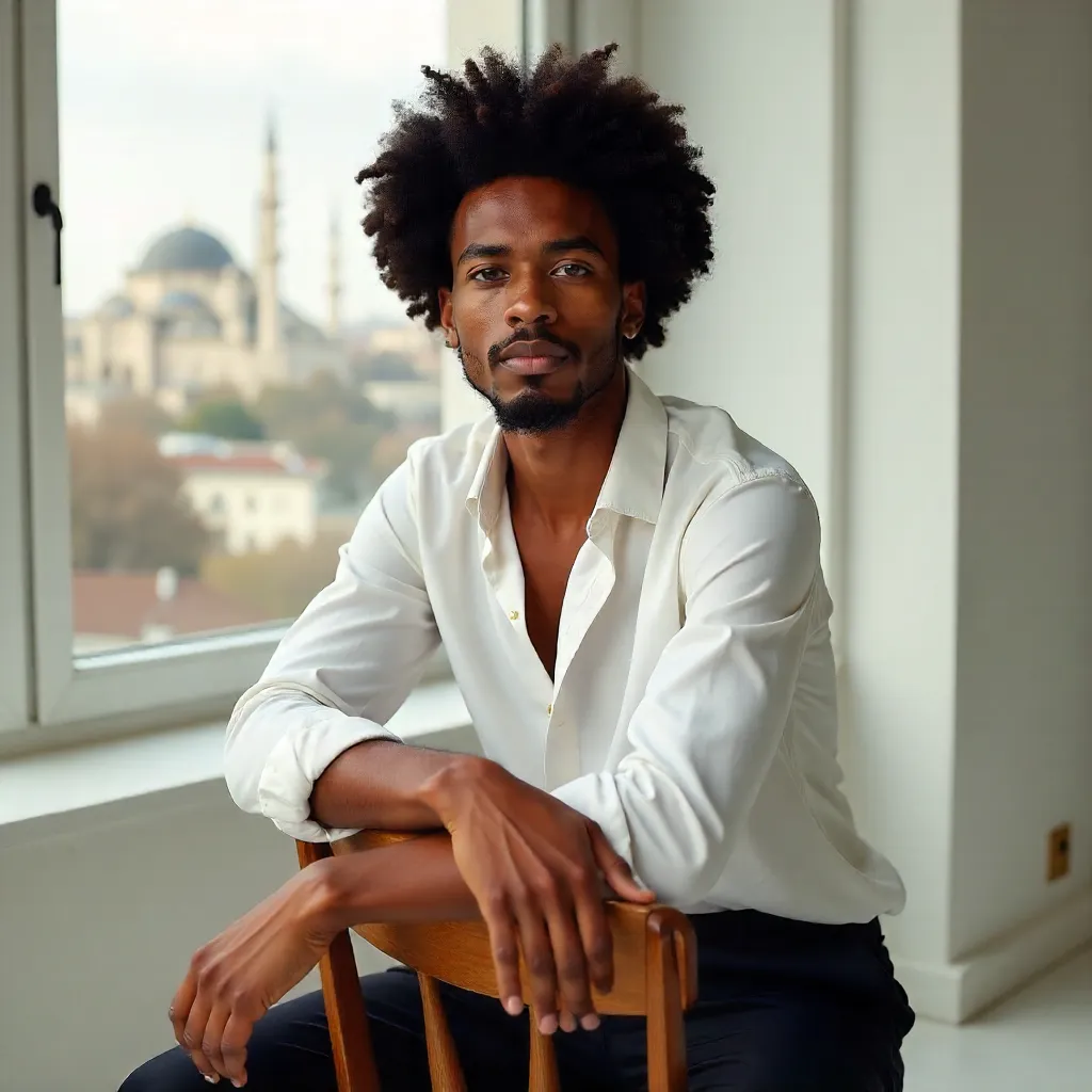 Studio Portrait of a Young Afro-Haired Man in Istanbul