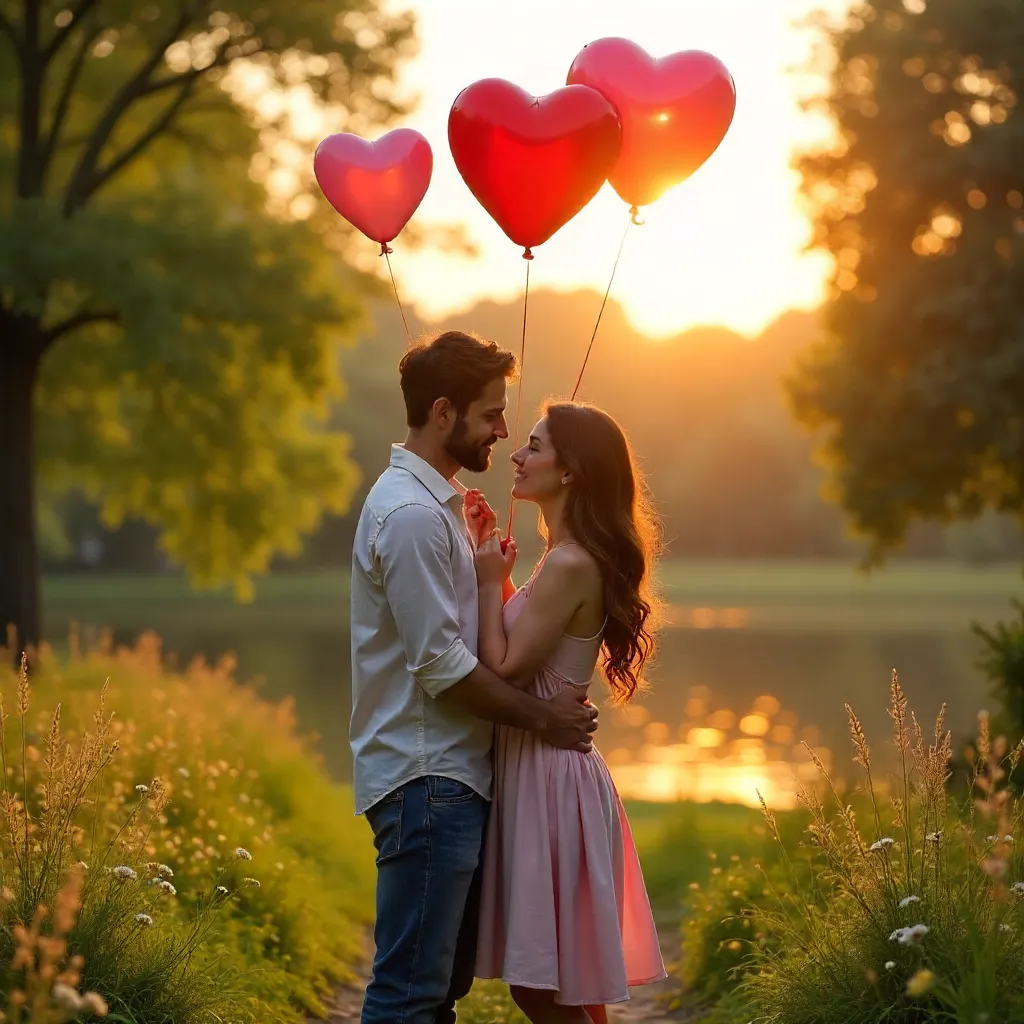 Romantic Embrace with Heart Balloons at Sunset