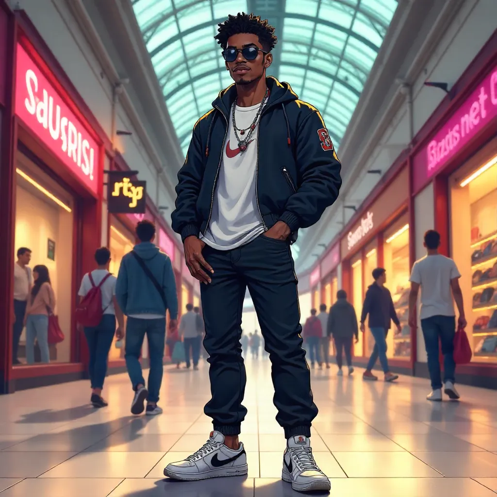 Confident Black Man in Anime Style at the Mall