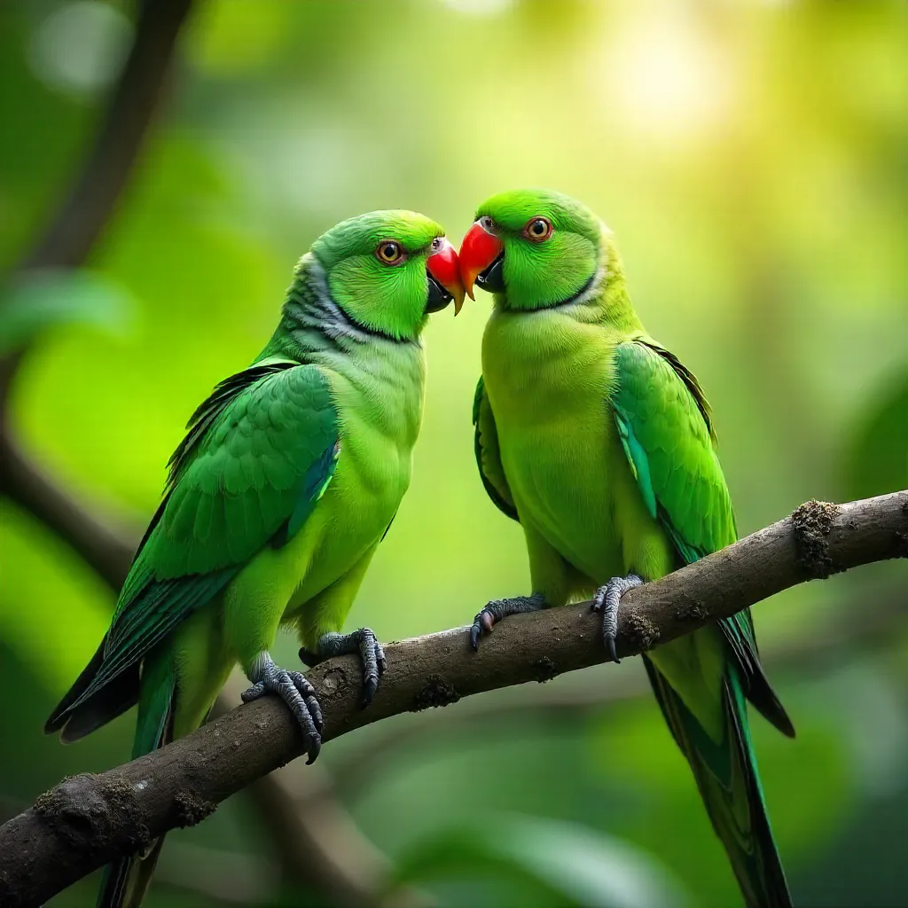Two Green Parrots Playfully Interacting in a Forest Canopy